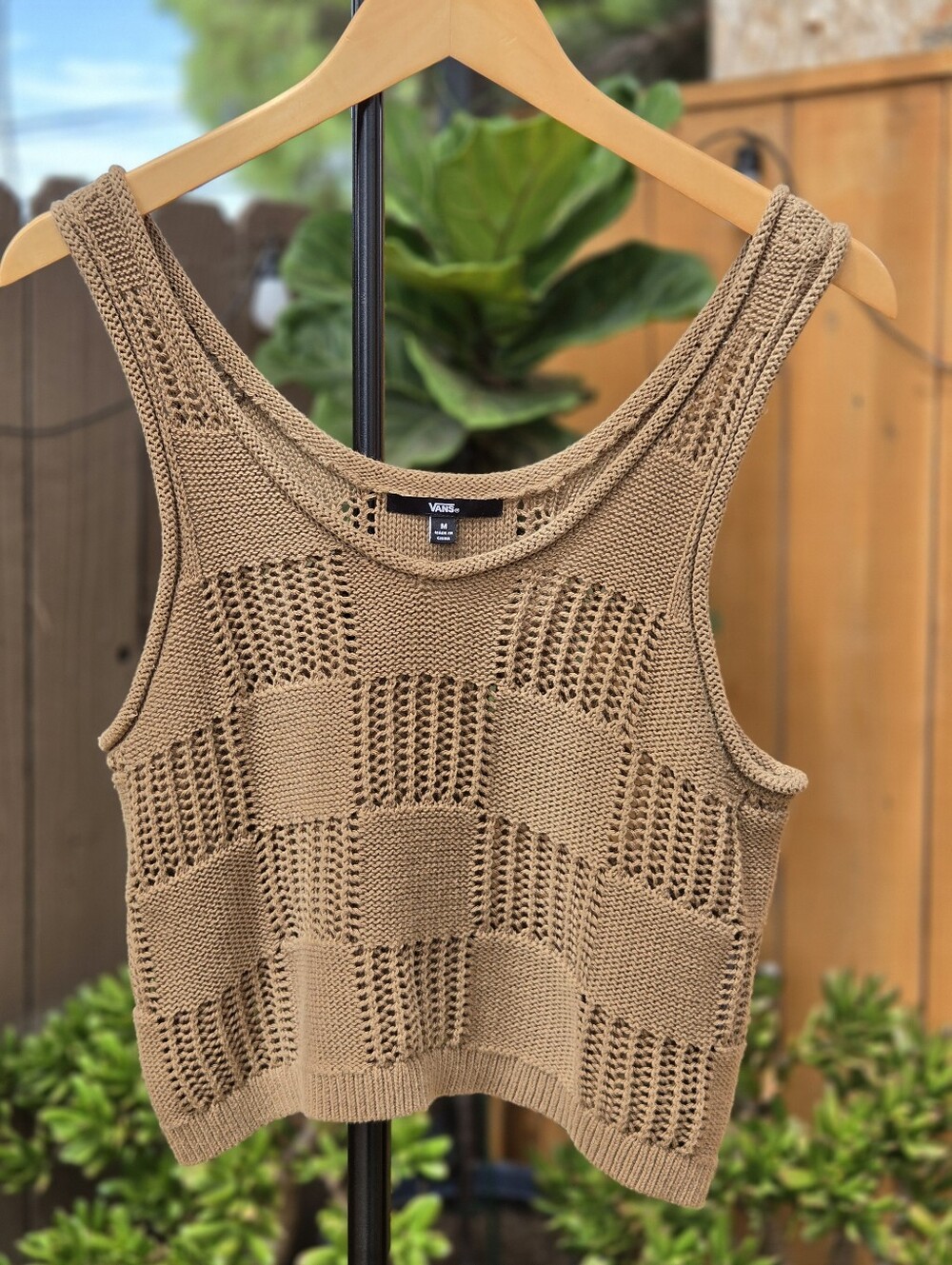 Vans Women's Tan Open-Knit Checkerboard Crop Tank